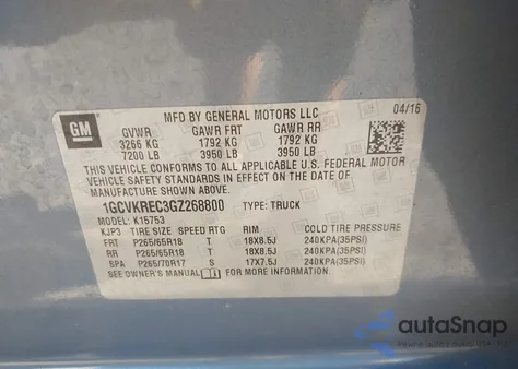 2016 Chevrolet Silverado 1500 1Lt z USA, uszkodzony, nr VIN 1GCVKREC3GZ268800